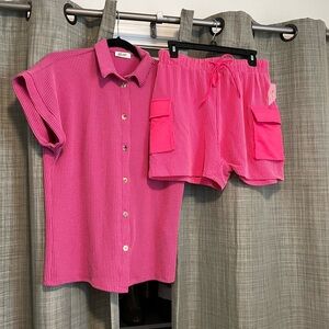 Pink Ribbed Button-Up Shirt and Shorts Set